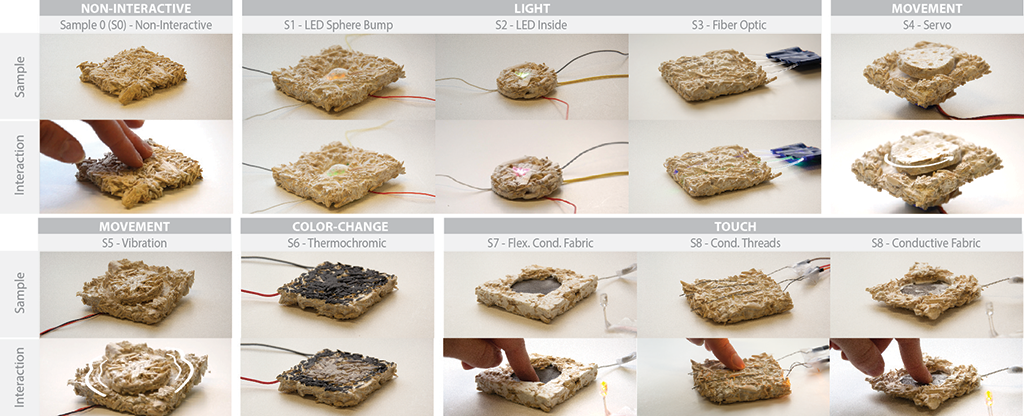 The figure shows the photos of all the samples and their interactions in a table structure. The top row includes five samples under three categories. The first row starts with Sample 0 (S0), non-interactive sample, under non-interactive category. The first picture of the non-interactive sample shows a square-shaped mycelium sample with a rough texture. The second photo shows a hand touching it. The second category in the first row is titled light. This category includes three samples: S1-LED Sphere Bump, S2-LED Inside and S3-Fiber Optic. The first photo of the LED Sphere Bump sample shows a square-shaped mycelium block with a sphere-shaped bump in the middle. A red light is visible through the bump part. The second photo of S1 is similar to the first one but shows a green-colored light. The first photo of the LED inside sample is a thin cylinder-shaped mycelium block with four cables coming out from the block. In the middle of this block, there is a green light visible. The second photo is similar to the first but the color of the light is purple. The photos of the third sample under the light category display the Fiber optic sample. The first photo of the fiber optic sample shows a square-shaped sample with four fiber optic wires coming out from one side of the sample. These wires are taped together after coming out from the sample. In the second photo, the fiber optic wires are slightly visible on the mycelium block's surface with their lights turned on. The last category on the top row is Movement. In this row, this category includes photos of the S4-Servo Sample. The first photo shows two pieces of mycelium blocks attached to each other: The base piece is a similar square-shaped mycelium block with a smaller part on its bottom that it stands on. Cables come out from the bottom part of this piece. On the top surface of this piece, there is a cylindrical indent. The second piece stands on top of the base piece and is a cylinder that is smaller than the cylindrical indent of the base piece. The second photo of the Servo sample shows a similar picture to the previous one but it also includes an arrow from left to right on top of the cylinder piece, indicating that it rotates. The second row includes five samples under 3 categories. The first sample is S5-Vibration and is under the Movement category. The first photo of this sample shows a square-shaped mycelium block with a cylindrical indent as in S4. On top of this piece, there is a cylindrical piece placed. The second picture of this sample is similar to the first one but it has wavy lines around the cylindrical piece for indicating it vibrates. The second category on the second row is called Color-Change. This category includes the photos of the S6-Thermochromic sample. Both of the pictures show a square-shaped mycelium block with black paint on its surface. In the second picture, the center of the block's surface is slightly turned transparent showing the mycelium texture. The last category in the second row is Touch and it includes three samples: The photos of the S7-Flexible Conductive Fabric show a square-shaped mycelium block with a circular hole in the middle. Within this circular hole, there is dark grey conductive fabric visible. In the second picture of this sample, there is a hand pressing on the flexible conductive fabric. The second sample in the touch category is S8-Conductive Threads. The photos display a square-shaped mycelium block with some parts of three conductive threads visible through mycelium on the top surface. The threads come out from one side of the block and are connected to cables. In the second picture, a finger is touching one of the threads. The last sample on the second row is S8-Conductive Fabric. The photos of this sample show a square-shaped mycelium block with a circular hole in the middle where a conductive fabric is visible. Different from S7, the mycelium that grew over the conductive fabric is visible on the fabric. The second photo is with a finger touching the conductive fabric.